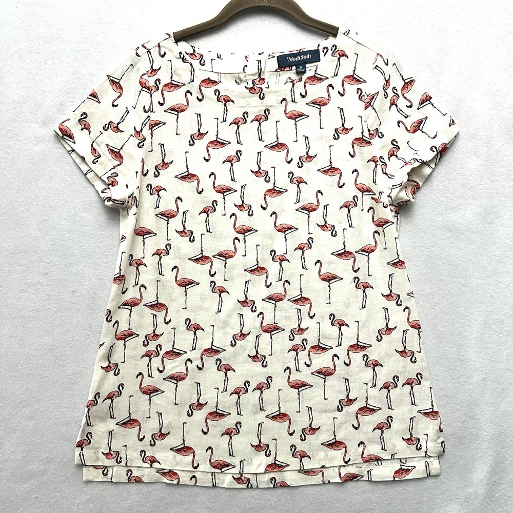 ModCloth‎ Flamingo S Small Blouse Tunic Top Linen Novelty Twee Pink